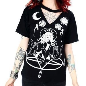 Witchcraft Witch Cats cut out neck top black XXL